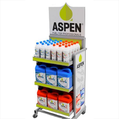 Steel counter display displaying Aspen 2 and Aspen 4 products